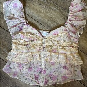 Floral Ruffle Top - Pink and Cream- crop- women’s m